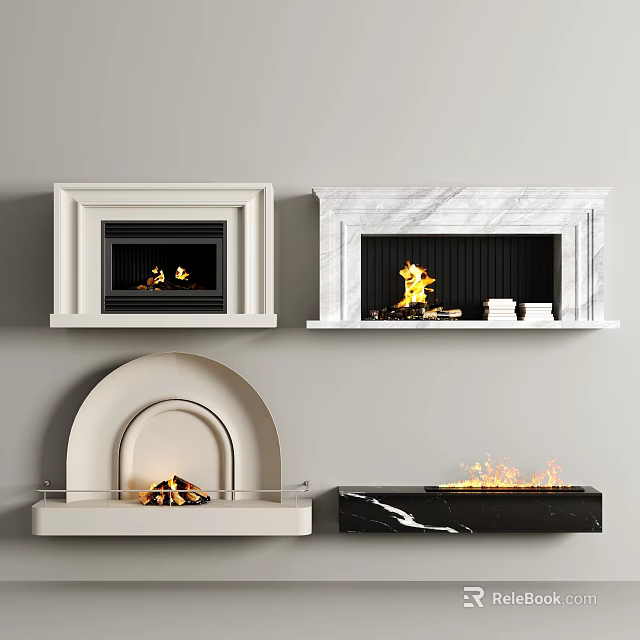 Different Modern Fireplace Designs Featuring Marble Arched White and Black Styles with Flames 3d model 