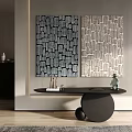 Abstract Paintings With Leaf Shaped Patterns On Interior Wall Above Modern Black Table 3d model