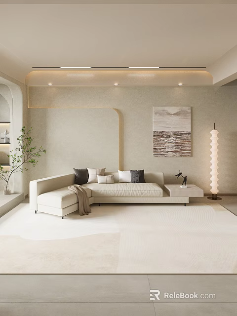 Modern Living Room Interior With Beige Sofa Floor Lamp Decorative Painting And Arched Elements 3d model 