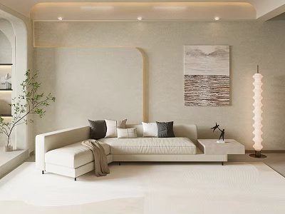 Modern Living Room Interior With Beige Sofa Floor Lamp Decorative Painting And Arched Elements 3d model
