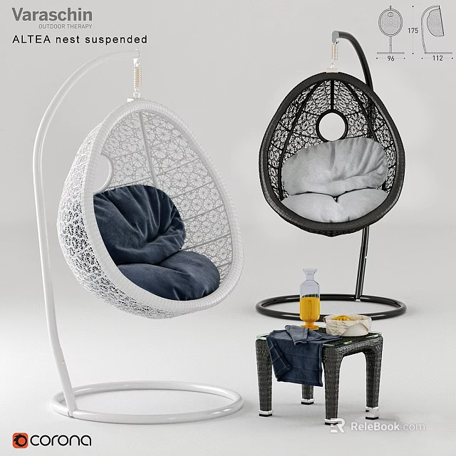 Hanging Leisure Chairs with Woven Patterns White Black Frames Soft Cushions and Side Table Drinks 3d model 