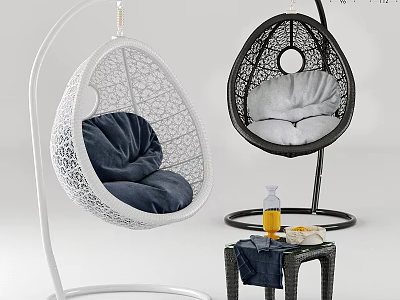 Hanging Leisure Chairs with Woven Patterns White Black Frames Soft Cushions and Side Table Drinks 3d model