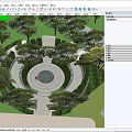 Urban Garden Landscape With Circular Fountain Pathways And Lush Green Trees