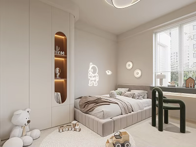Cozy Kids Room With Upholstered Bed Astronaut Decor And Toys 3d model