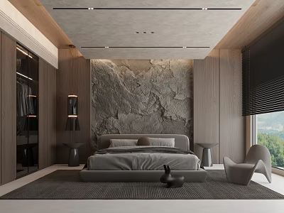 Modern Hotel Guest Room Interior Design With Marble Feature Wall Wooden Paneling And Accent Chair 3d model