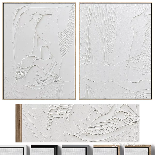 Three Panel Modern White Textured Relief Artwork With Abstract Sculptural Design 3d model 