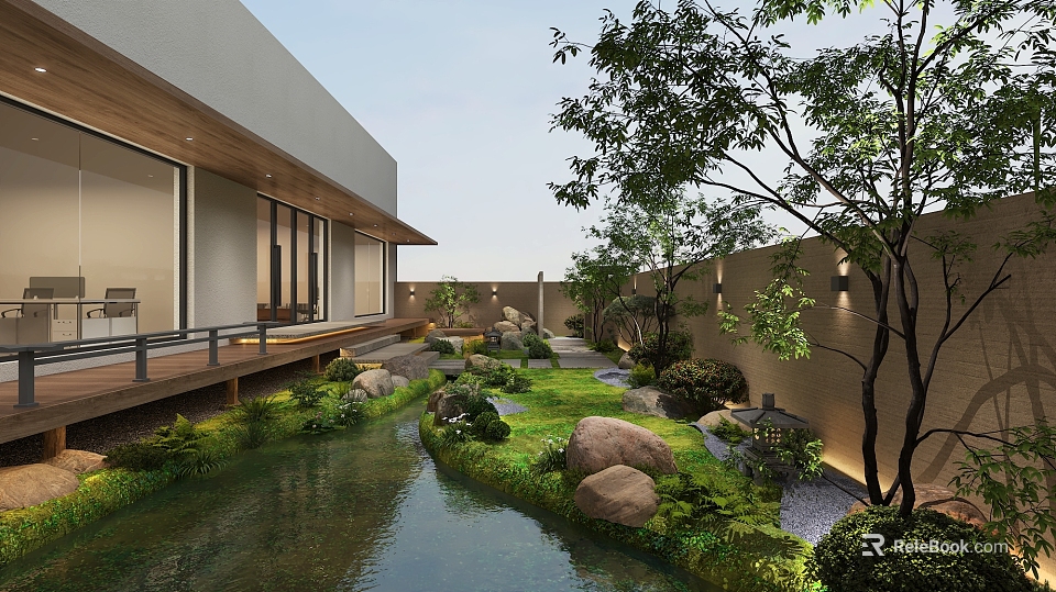 Tranquil Courtyard Garden With Natural Stream Large Stones Green Plants Trees And Garden Lanterns 3d model 