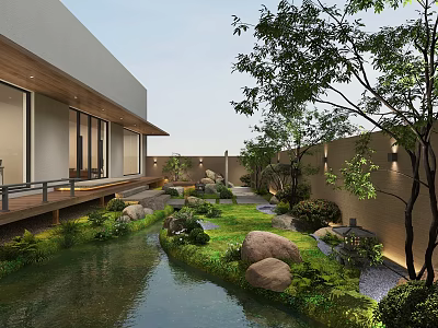 Tranquil Courtyard Garden With Natural Stream Large Stones Green Plants Trees And Garden Lanterns 3d model