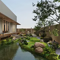 Tranquil Courtyard Garden With Natural Stream Large Stones Green Plants Trees And Garden Lanterns