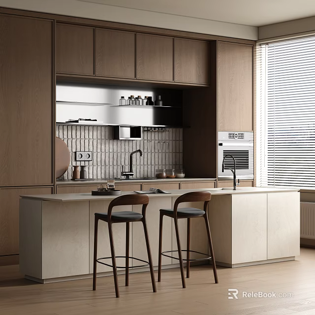 Modern Restaurant Open Kitchen Interior With Island Counter Stools Cabinets And Appliances 3d model 