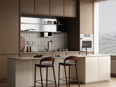 Modern Restaurant Open Kitchen Interior With Island Counter Stools Cabinets And Appliances 3d model