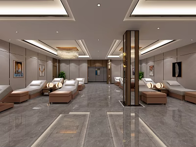 Luxury Modern Lounge Area With Beige Lounge Chairs Marble Flooring Recessed Lighting And Decorative Paintings 3d model