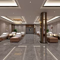 Luxury Modern Lounge Area With Beige Lounge Chairs Marble Flooring Recessed Lighting And Decorative Paintings
