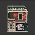 Cartoon Fire Station Scene With Red Brick Building And Fire Truck