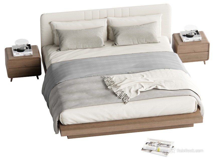 Double Bed With White Headboard Gray And White Bedding Wooden Nightstands On Both Sides 3d model 