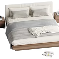 Double Bed With White Headboard Gray And White Bedding Wooden Nightstands On Both Sides