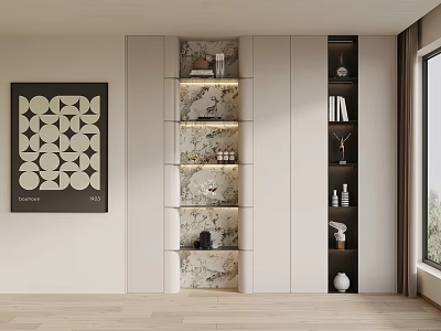Modern Bookcase Interior Design With Layered Marble Shelves Books And Decorative Items 3d model