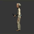 3D Model Man With White Hair Wearing Light Colored Outfit Holding Object On Gray Background