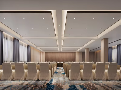 Spacious Modern Conference Room Interior With Arranged Chairs Ceiling Lighting Curtains And Patterned Carpet 3d model