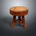 Rustic Wooden Stool With Round Textured Top And Three Sturdy Legs 3d model