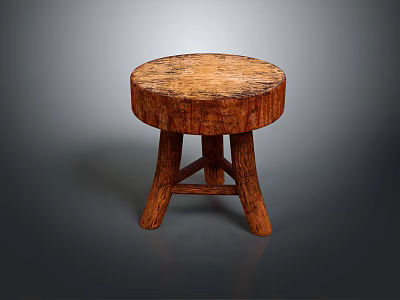 Rustic Wooden Stool With Round Textured Top And Three Sturdy Legs 3d model