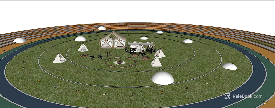 Garden Landscape With Circular Layout Tents Grass Area Fire Pit And Seating 3d model 