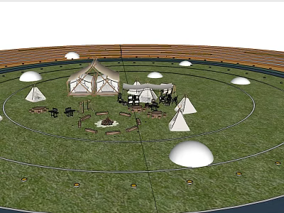 Garden Landscape With Circular Layout Tents Grass Area Fire Pit And Seating 3d model
