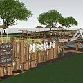 Picturesque Rural Landscape of Happy Farm with Wooden Fence Thatched Umbrellas Wooden Walkways and Pond