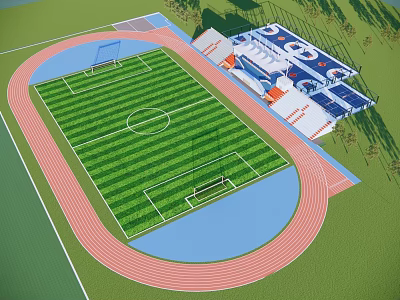 Soccer Field With Green Turf Red Running Track And Stadium Seats 3d model