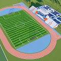 Soccer Field With Green Turf Red Running Track And Stadium Seats