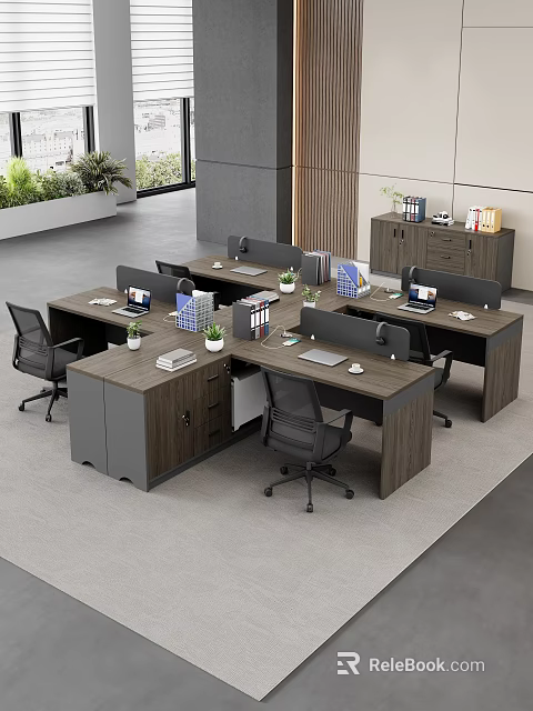 L Shaped Wooden Office Desks In Modern Workspace With Computer Monitors Files And Potted Plants 3d model 