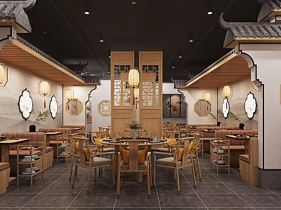 Traditional Chinese Restaurant Interior With Wooden Tables Lamps And Decorative Panels 3d model