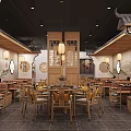 Traditional Chinese Restaurant Interior With Wooden Tables Lamps And Decorative Panels