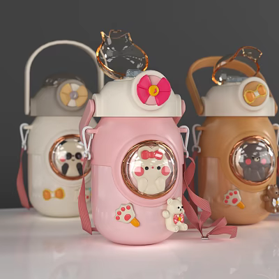 Cute Cartoon Themed Cups with Bear Bow and Paw Print Decorations 3d model