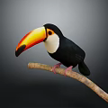Toucan with Vibrant Orange Yellow Beak Perched on Wooden Branch Against Dark Background