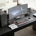 Modern Desktop Computer Setup With Curved Monitor Keyboard Mouse And Speakers On Dark Desk