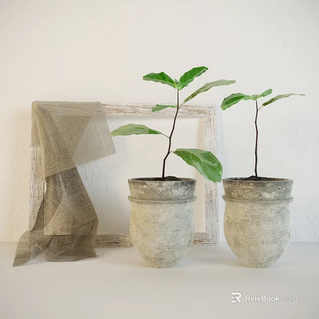 Potted Bonsai Plants with Green Leaves Stone Planters Wooden Frame and Linen Cloth 3d model 