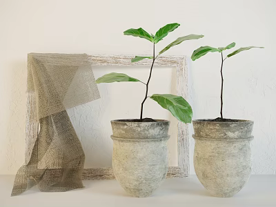 Potted Bonsai Plants with Green Leaves Stone Planters Wooden Frame and Linen Cloth 3d model
