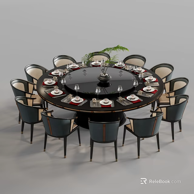Modern Round Dining Table With Black Chairs And Tableware Decorative Plant 3d model