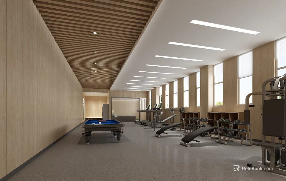 Modern Fitness Gym Interior With Treadmills Dumbbells And Workout Equipment 3d model 