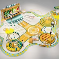 Colorful Indoor Interactive Play Space With Yellow Green Circular Patterns And Dotted Floor