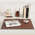 Modern Decorative Ornament Set with Tray Newspaper Coffee Cup Pencil Holder and Books on Desktop