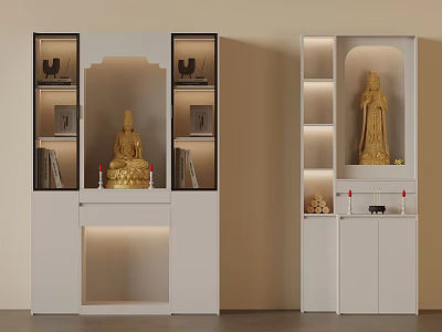 Buddhist Shrine Cabinet With Golden Buddha Statue Illuminated Lighting And Layered Shelves 3d model