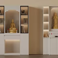 Buddhist Shrine Cabinet With Golden Buddha Statue Illuminated Lighting And Layered Shelves