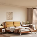 Double Bed With Yellow Upholstered Headboard Wooden Slat Mattress Nightstand Lamp Desk Mirror Decor