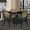 Modern Round Black Dining Table With Woven Backrest Chairs In Kitchen Area With Window Rug