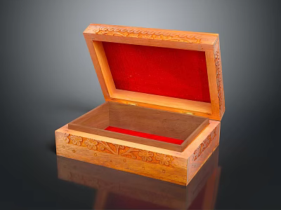 Decorative Wooden Carved Jewelry Ornament Set with Open Storage Box and Red Lining Interior 3d model