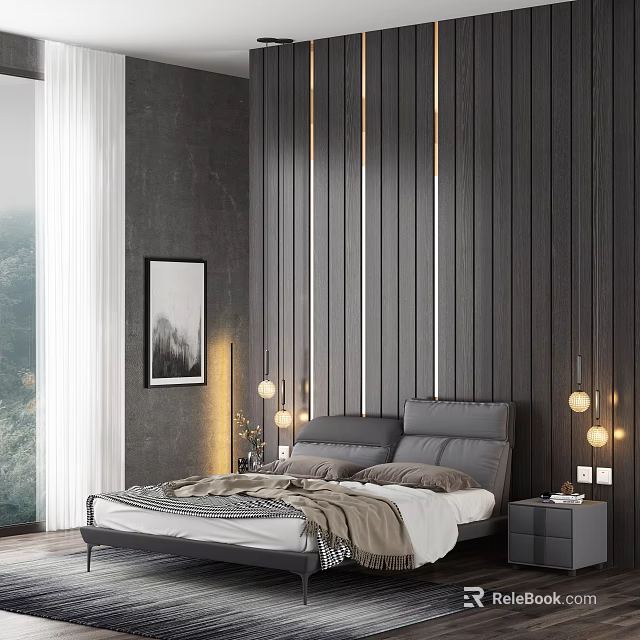 Modern Double Bed with Wooden Striped Headboard Pendant Lights and Minimalist Nightstand in Elegant Bedroom 3d model 