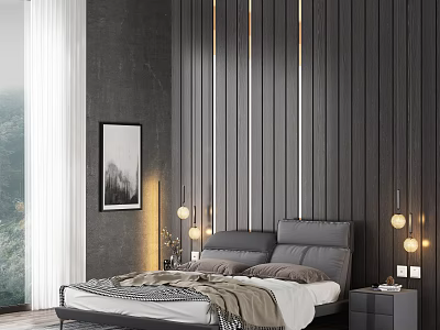Modern Double Bed with Wooden Striped Headboard Pendant Lights and Minimalist Nightstand in Elegant Bedroom 3d model