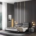 Modern Double Bed with Wooden Striped Headboard Pendant Lights and Minimalist Nightstand in Elegant Bedroom